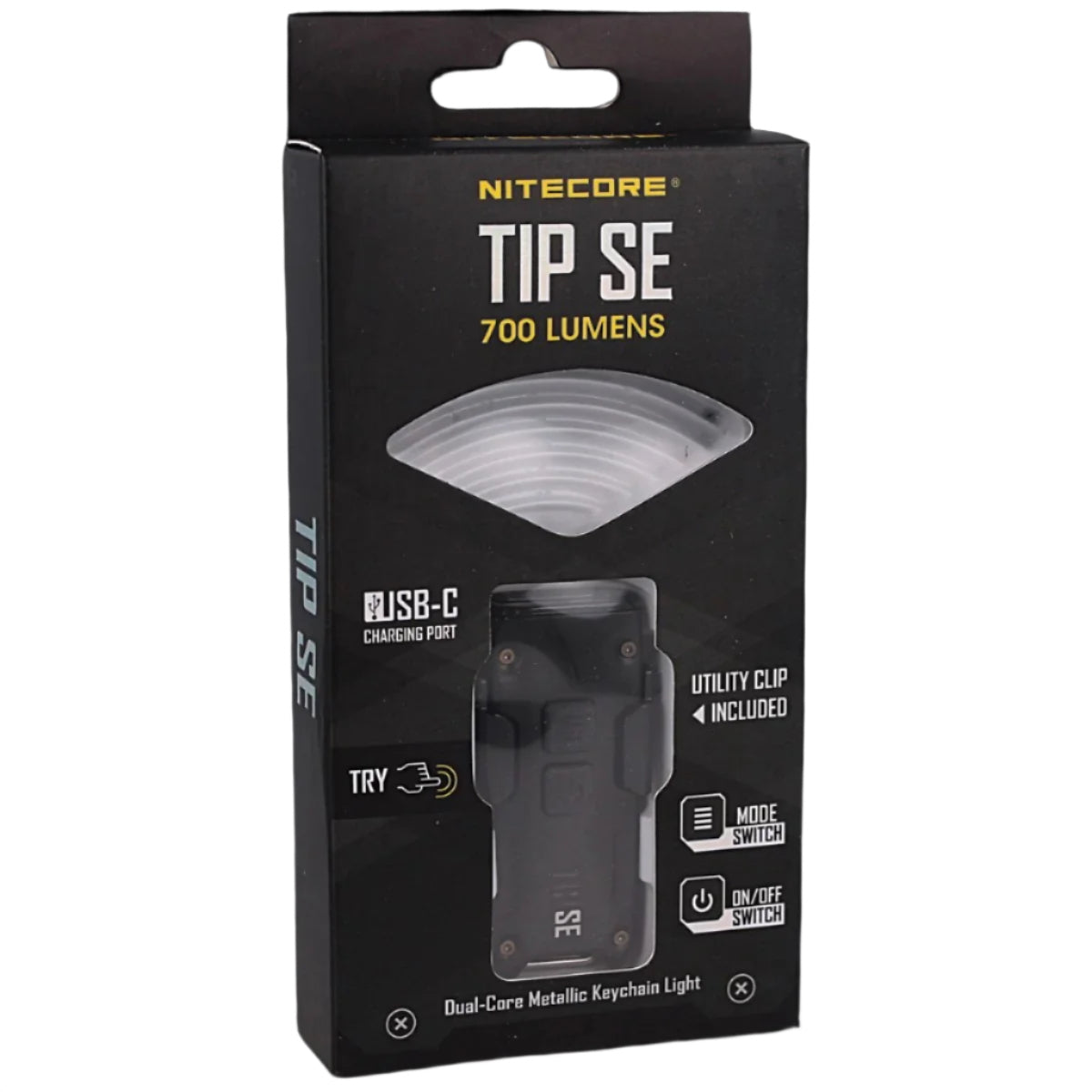 Nitecore Tip SE keychain light packaging with product image and features on a black background