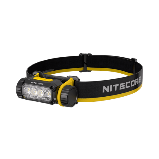 Nitecore NWH20 headlamp angled view with black and yellow headband
