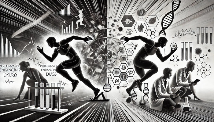 black and white version of the illustration depicting the dual nature of Performance Enhancing Drugs (PEDs) in sports and medicine