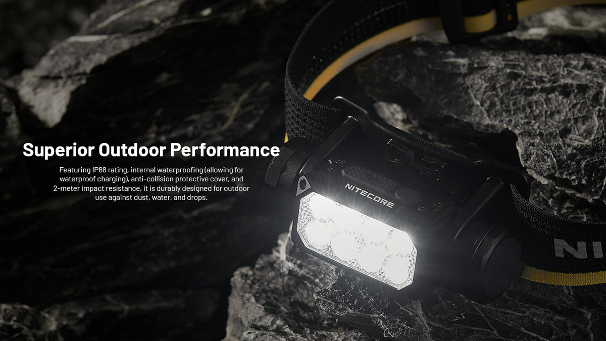 Nitecore HC65 UHE illuminated headlamp on wet rocks