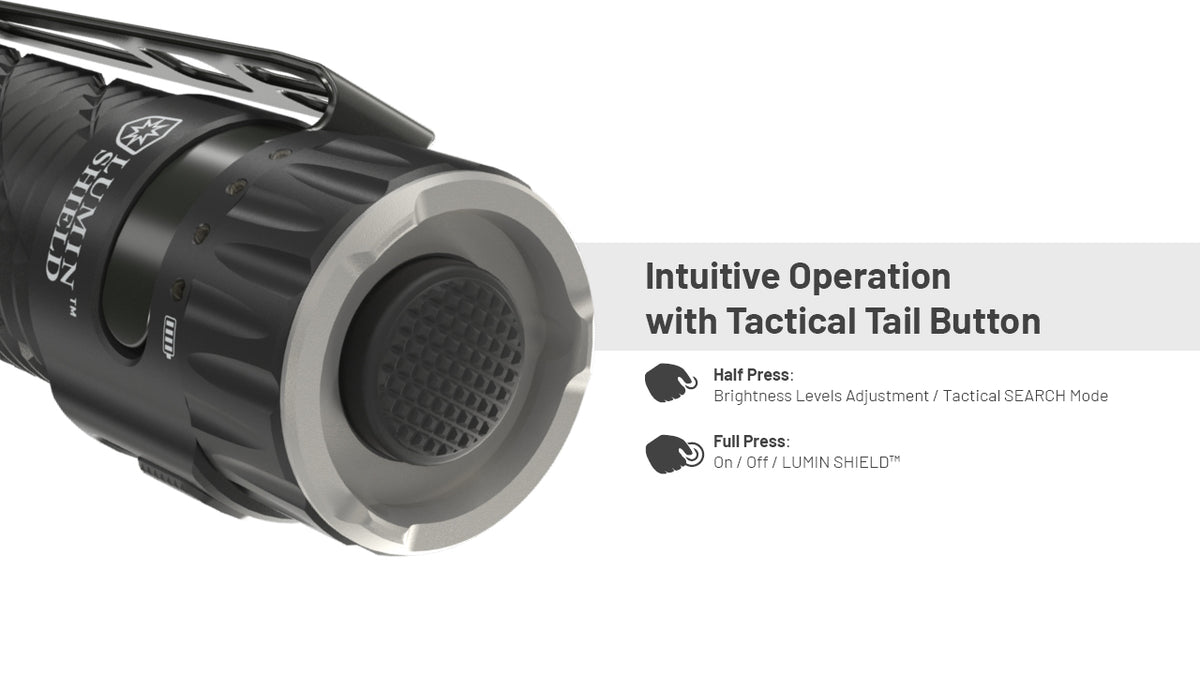 Nitecore EDC35 textured tactical tail button and half-press and full-press controls