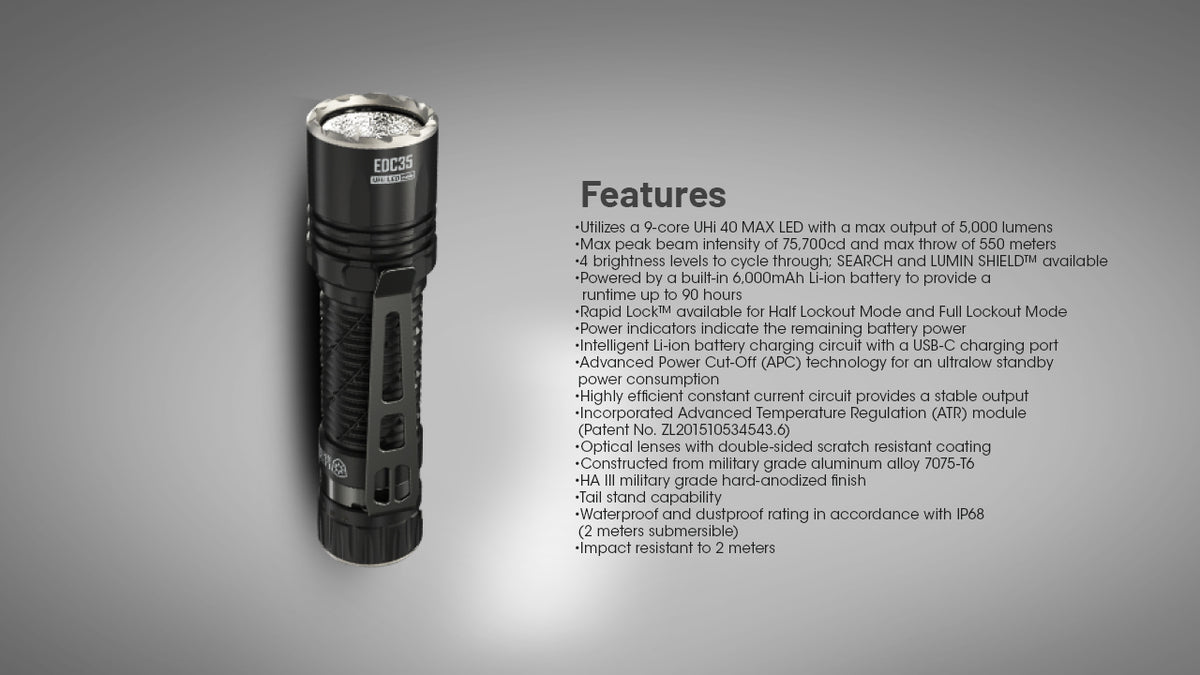 Nitecore EDC35 flashlight beside a list of features