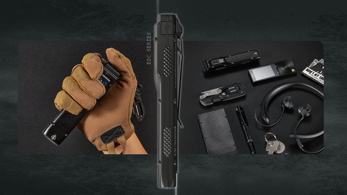 Nitecore EDC25 flashlight held in a glove and arranged with everyday-carry gear