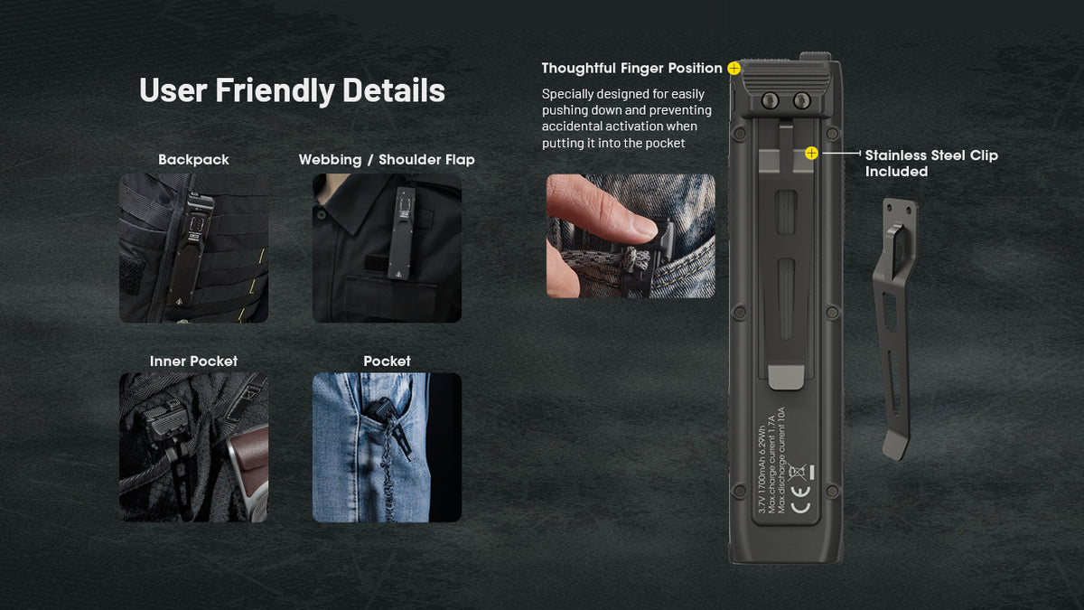 Nitecore EDC25 pocket clip and finger-rest details with carrying examples