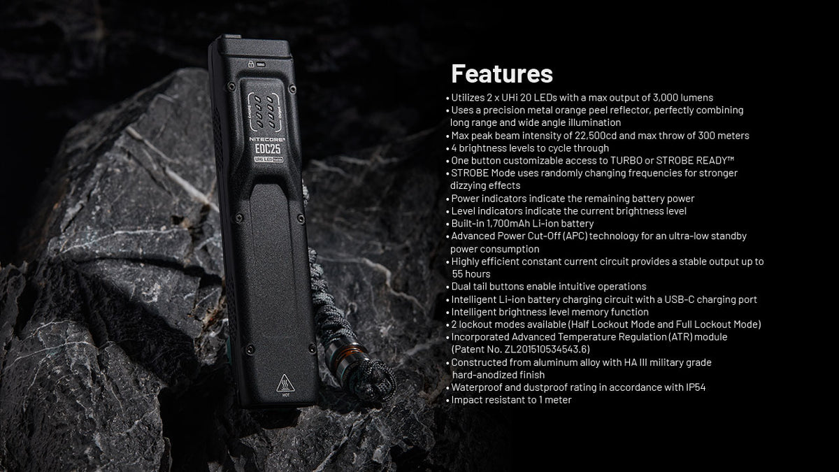 Nitecore EDC25 flashlight on rocks beside its feature list