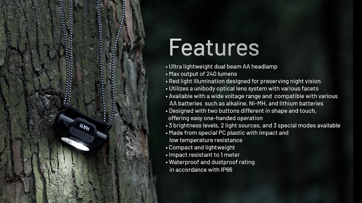 Nitecore HA11 headlamp feature list with outdoor example