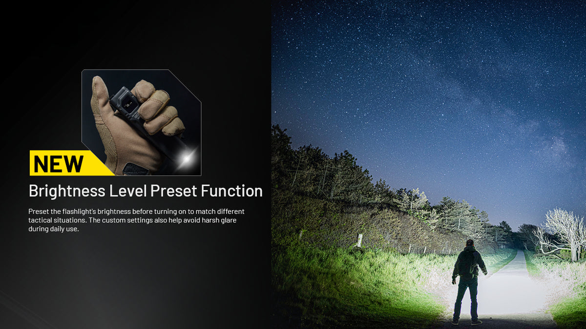 Nitecore EDC27 UHI brightness preset function illustrated with nighttime beam and hand-held controls