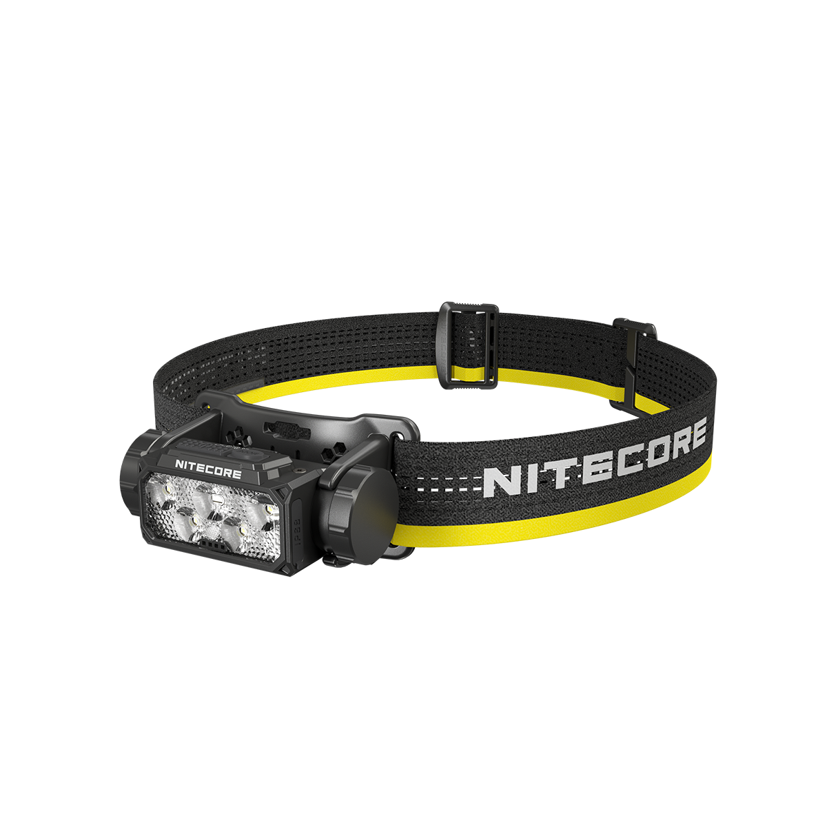 Nitecore HC60 UHE black headlamp angled with black and yellow headband