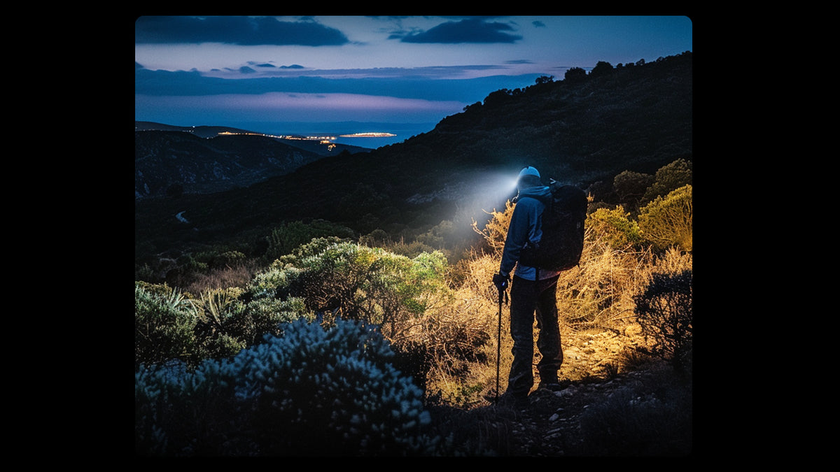 Nitecore HC60 UHE headlamp illuminating a coastal hiking trail at dusk
