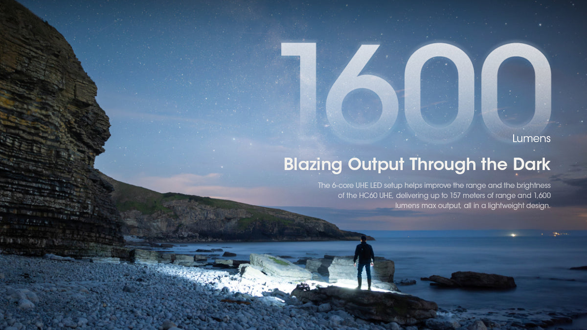 Nitecore HC60 UHE headlamp beam lighting a rocky shoreline