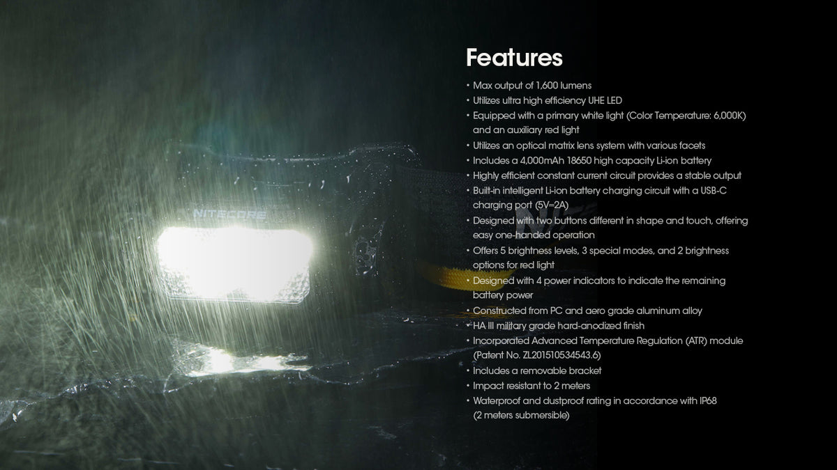 Nitecore HC60 UHE headlamp in rain beside its feature list