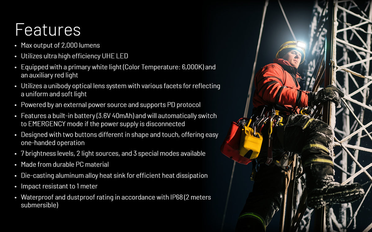 Nitecore HU2000 feature list beside a worker climbing a tower