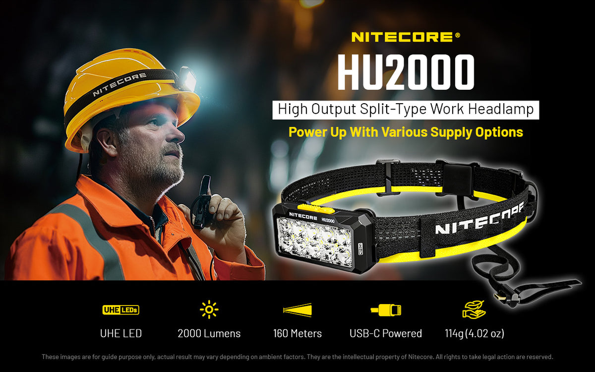 Nitecore HU2000 work headlamp worn by a worker in a hard hat