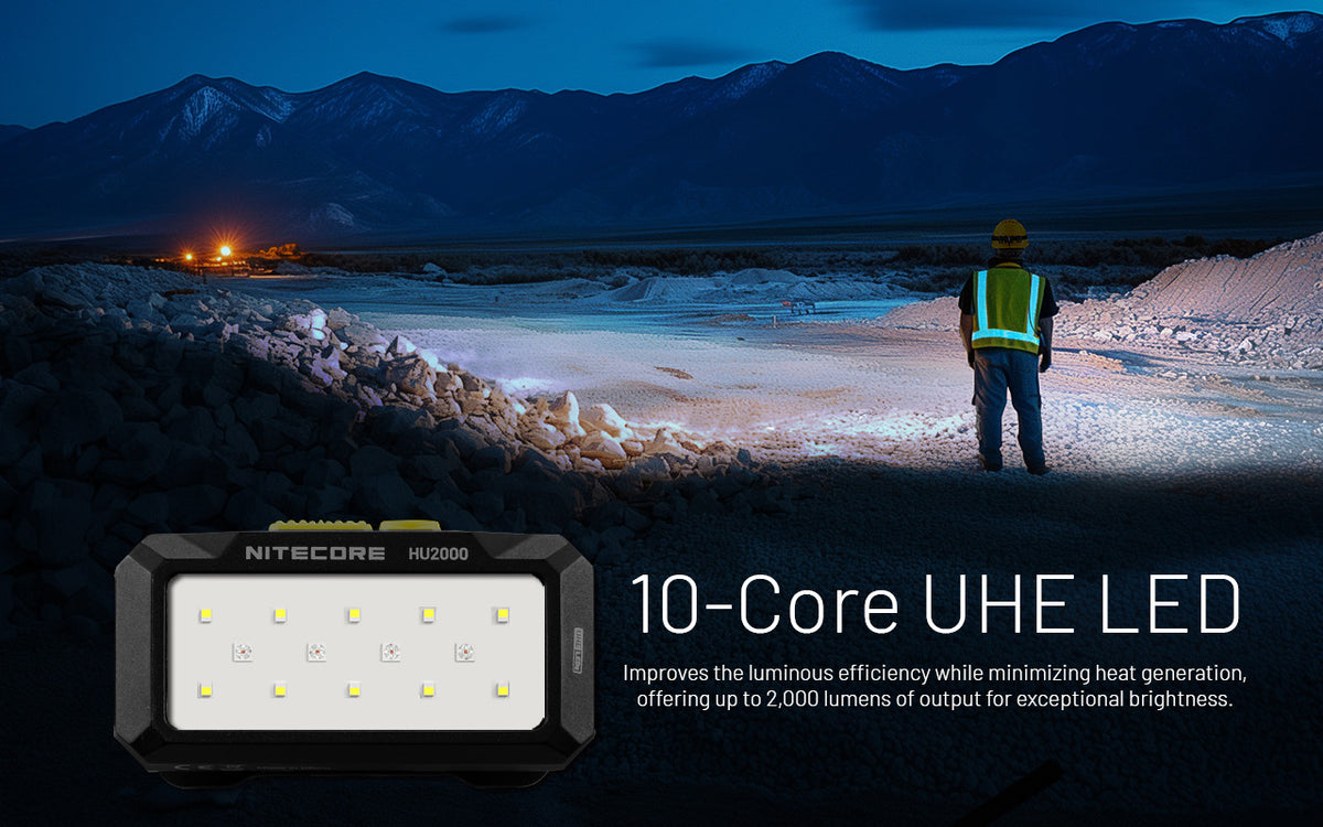 Nitecore HU2000 ten-core UHE LED headlamp illuminating an outdoor work area