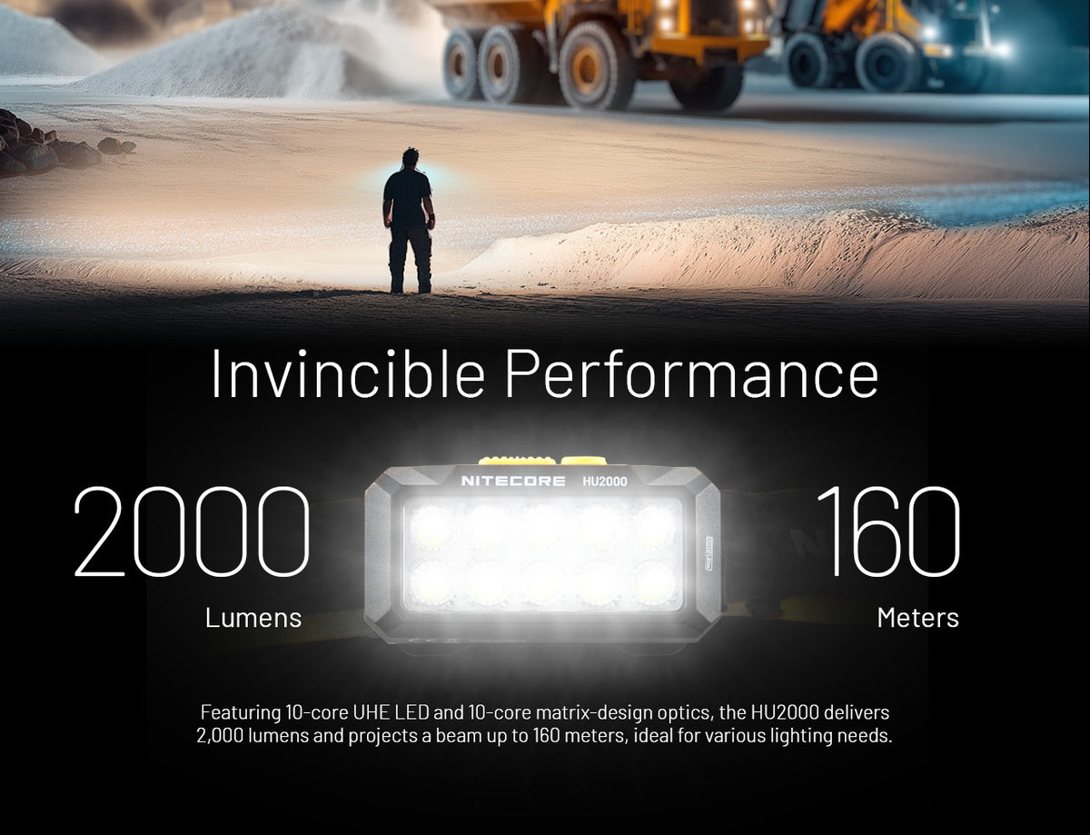 Nitecore HU2000 bright headlamp output at an outdoor work site