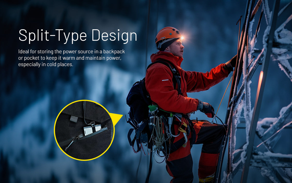 Nitecore HU2000 split power-supply design illustrated on a climber