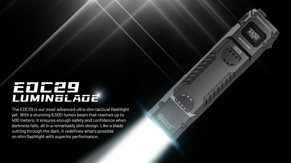 Nitecore EDC29 Luminblade flashlight with its beam illuminated