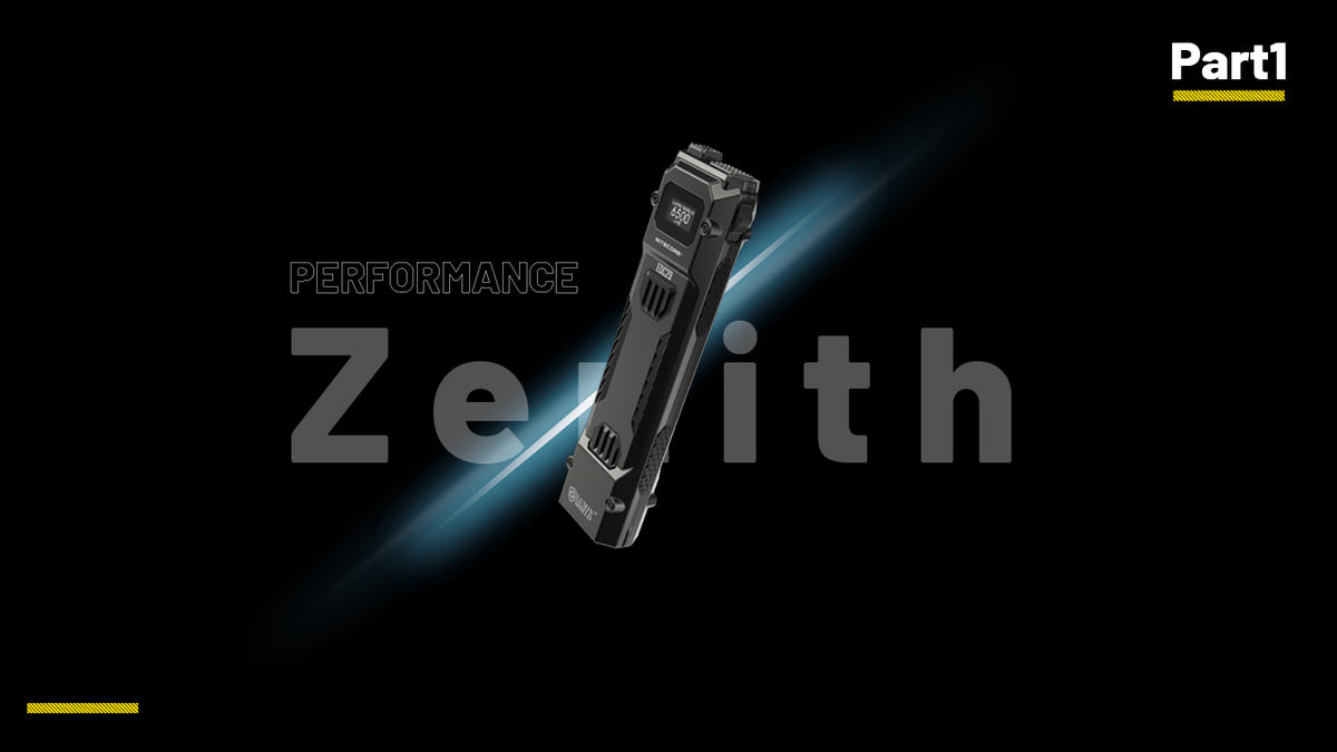 Nitecore EDC29 slim flashlight with an illuminated beam on a black background