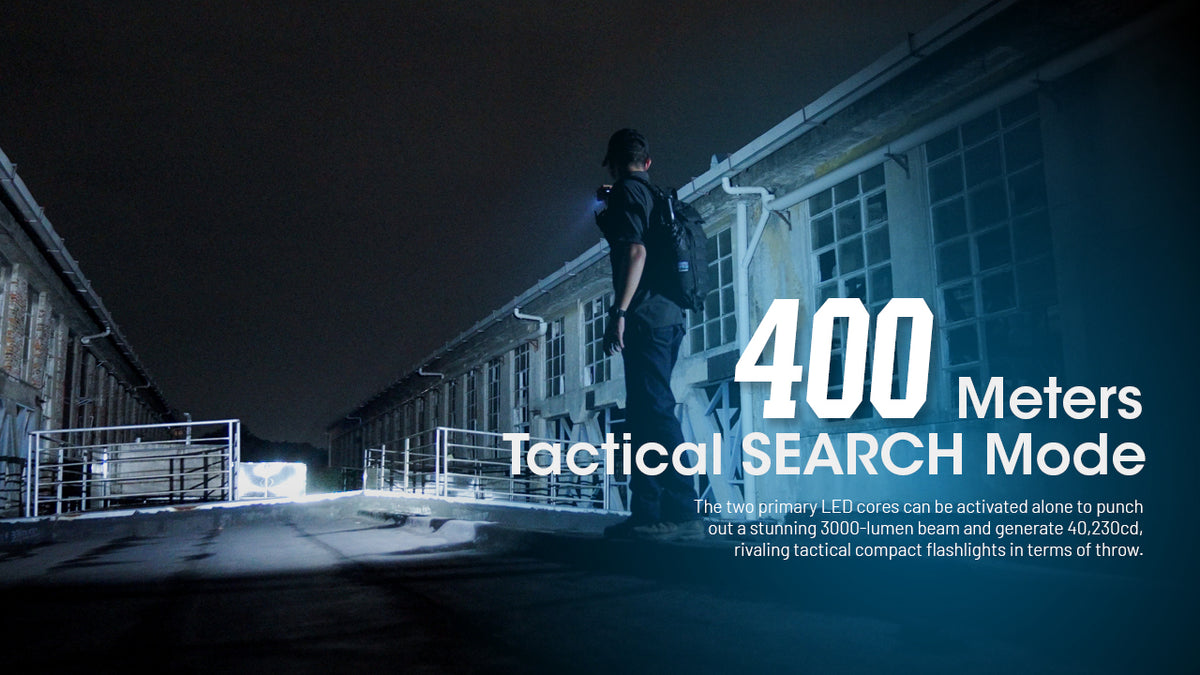 Nitecore EDC29 Search mode beam illuminating a distant building