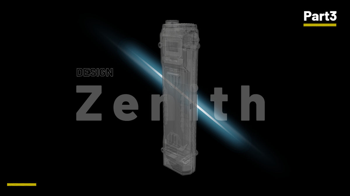 Nitecore EDC29 rear view of the flashlight with its beam illuminated