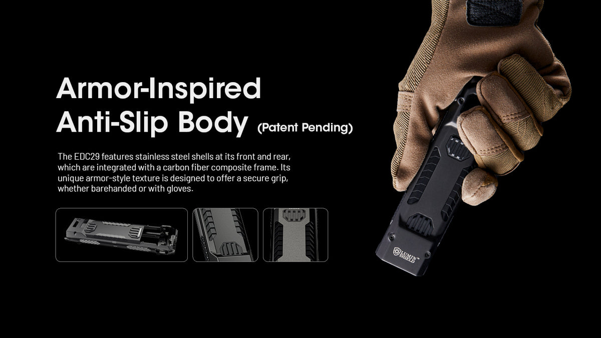 Nitecore EDC29 textured anti-slip body held in a glove