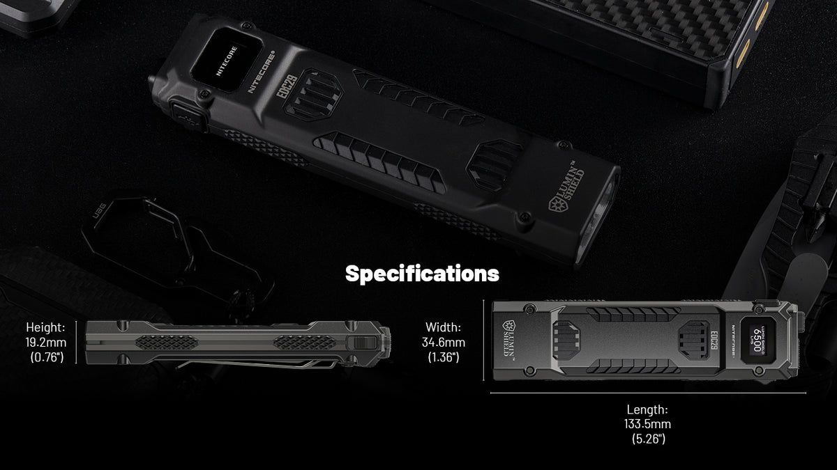 Nitecore EDC29 front and side views with dimensions and specifications