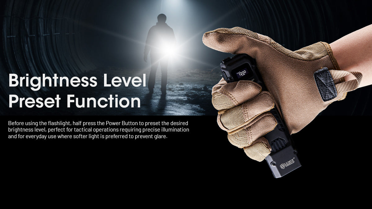 Nitecore EDC29 brightness preset function shown with a gloved hand
