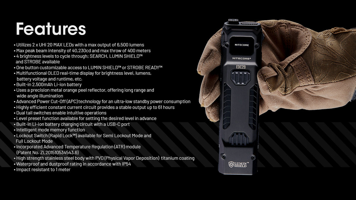 Nitecore EDC29 flashlight held in a glove beside its feature list