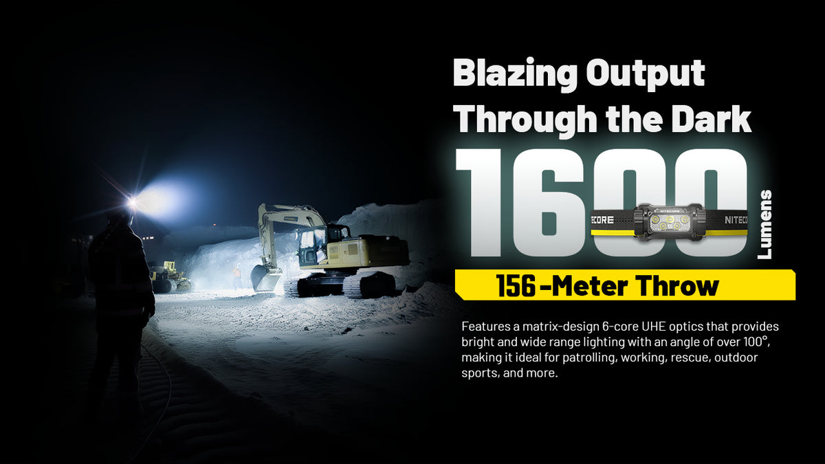 Nitecore HC70 UHE bright headlamp beam at an outdoor industrial site