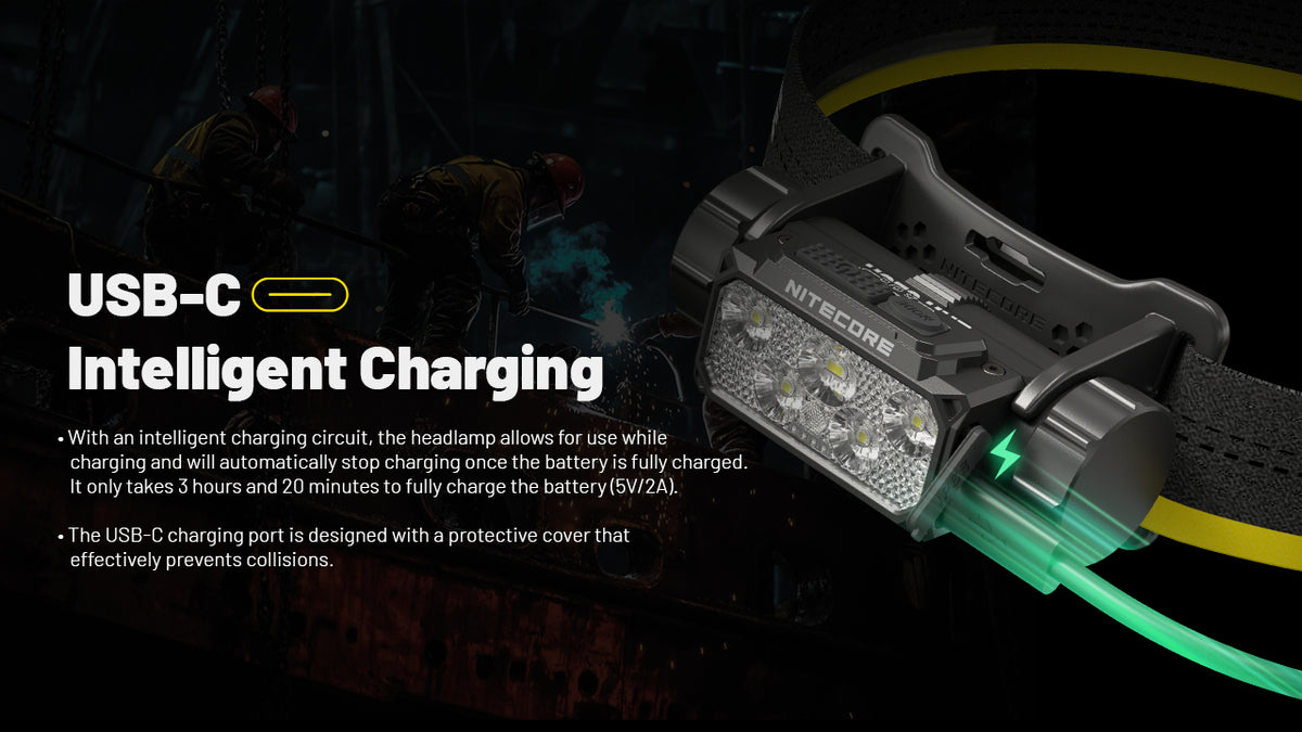 Nitecore HC70 UHE USB-C charging port with cable connected