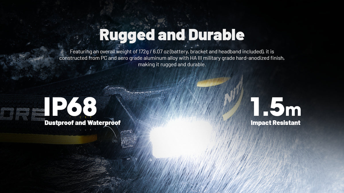 Nitecore HC70 UHE headlamp in rain showing water and impact resistance