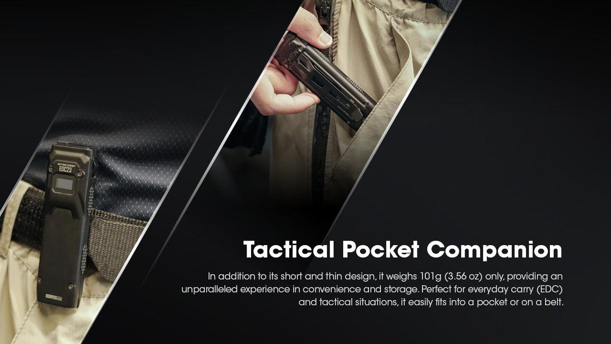 Nitecore EDC23 flashlight carried in a trouser pocket and held in one hand