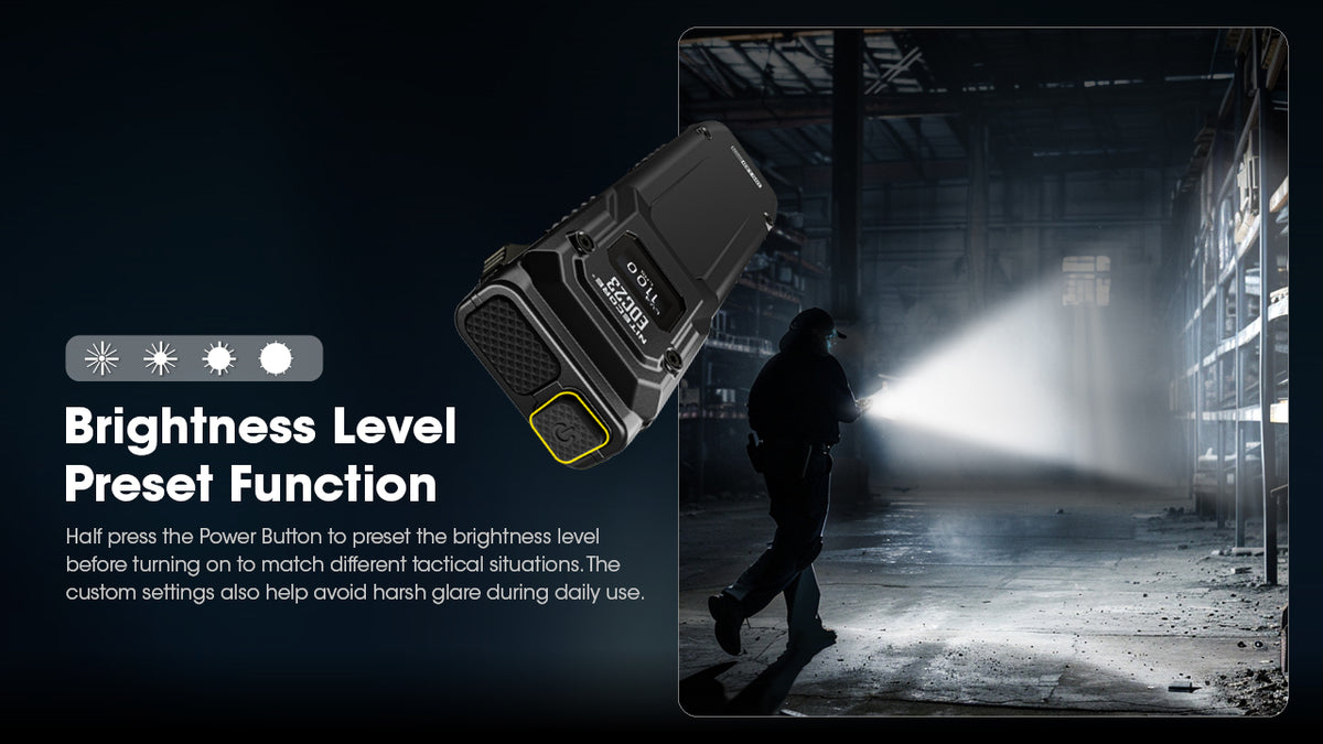 Nitecore EDC23 brightness preset function illustrated with an indoor beam