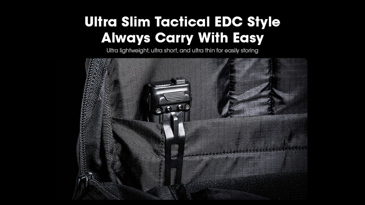 Nitecore EDC23 slim flashlight clipped inside a trouser pocket