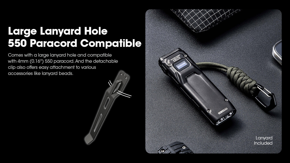 Nitecore EDC23 large lanyard hole and paracord attachment