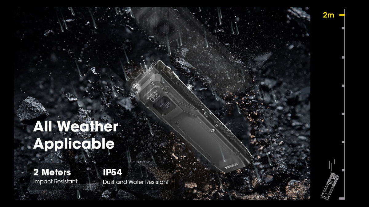 Nitecore EDC23 flashlight on wet rocks illustrating water and impact resistance
