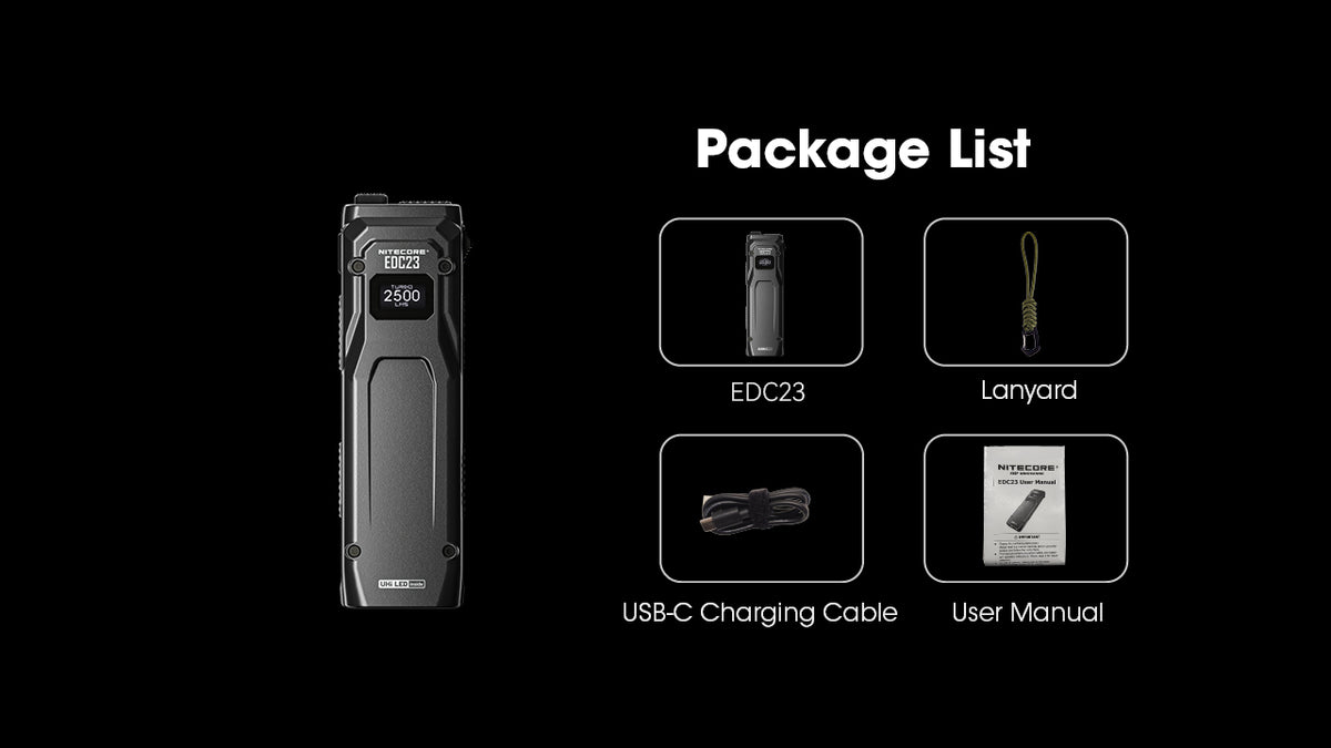 Nitecore EDC23 flashlight, lanyard, USB-C cable and user manual