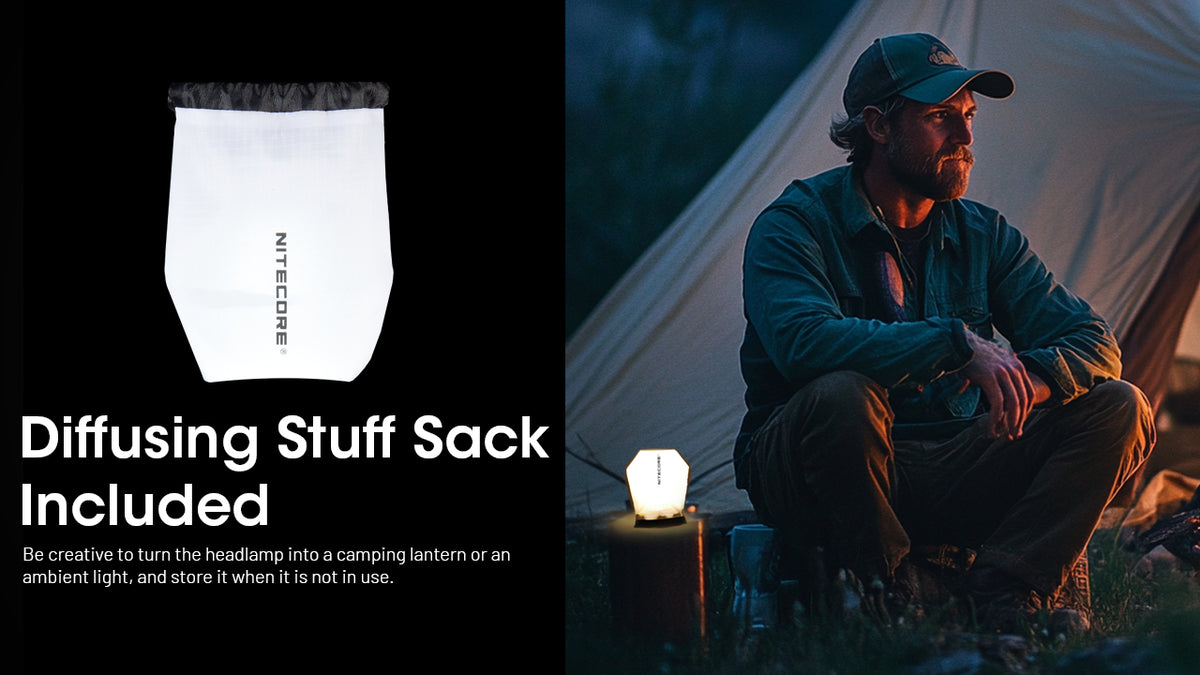 Nitecore HA15 UHE diffusing stuff sack used as a campsite light