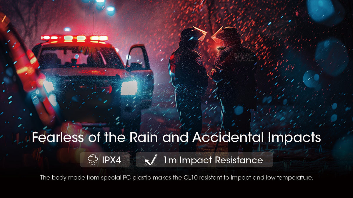 Nitecore CL10 clip-on light rain and impact resistance infographic