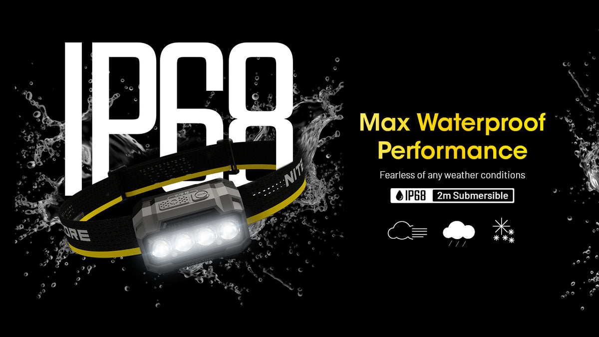 Nitecore HA23 UHE IP68 waterproofing infographic