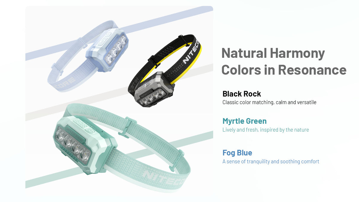 Nitecore HA23 UHE headlamp color options in black, blue and green