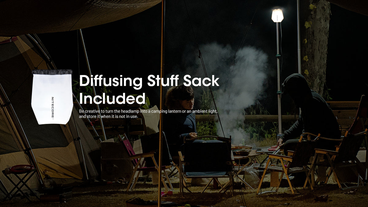 Nitecore NU25 MCT diffusing stuff sack illuminating a campsite