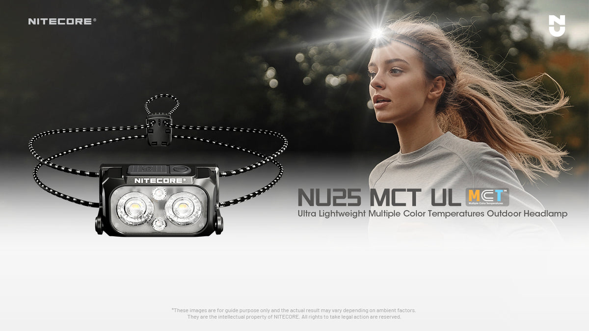 Nitecore NU25 MCT UL ultralight headlamp worn by a runner