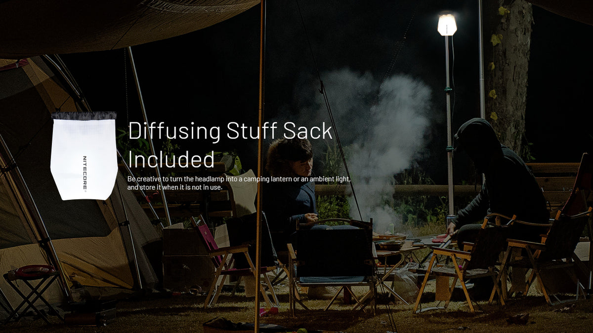Nitecore NU25 MCT UL diffusing stuff sack illuminating a campsite