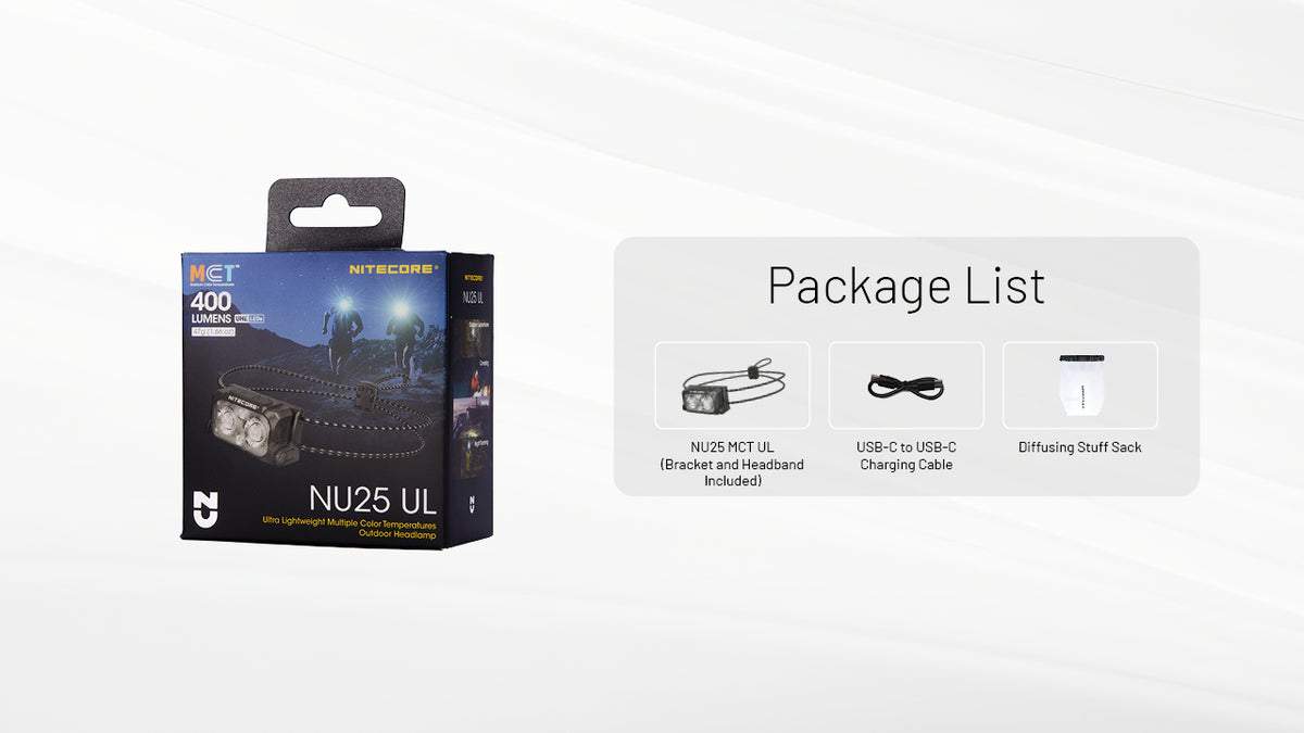 Nitecore NU25 MCT UL retail packaging and included accessories