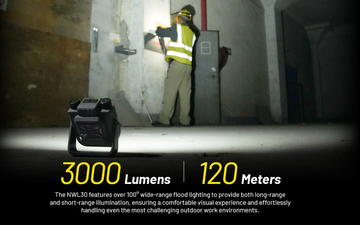 Nitecore NWL30 work light illuminating a construction site