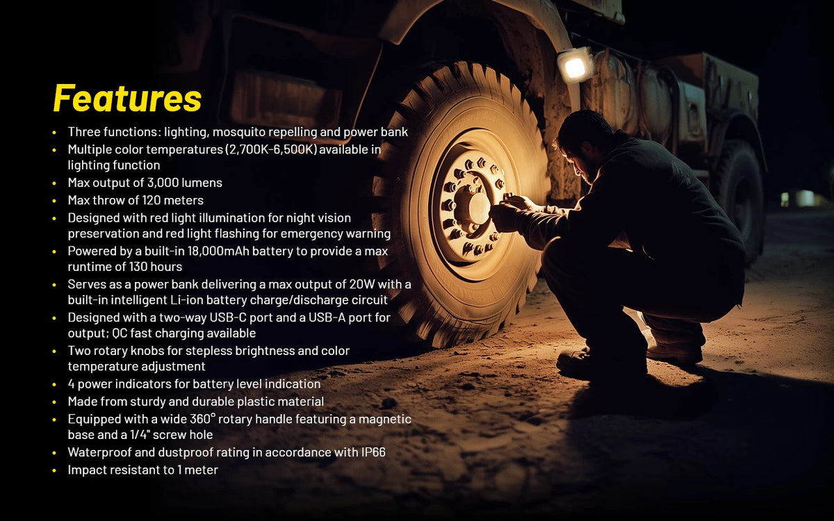 Nitecore NWL30 work light feature list with vehicle repair scene