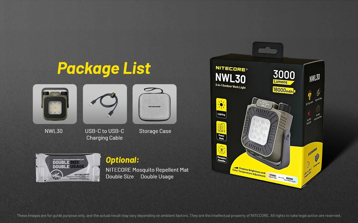 Nitecore NWL30 retail packaging, charging cable and storage case