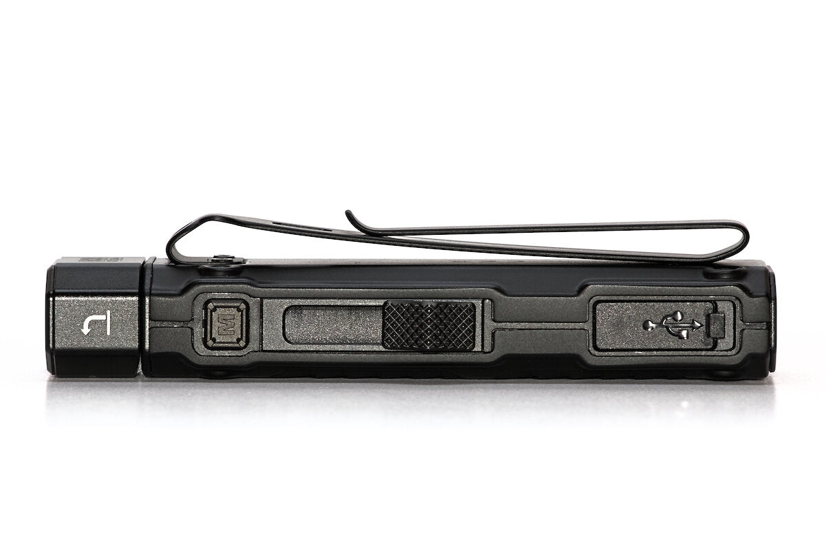 Nitecore EDC09 flashlight side controls, USB cover and pocket clip