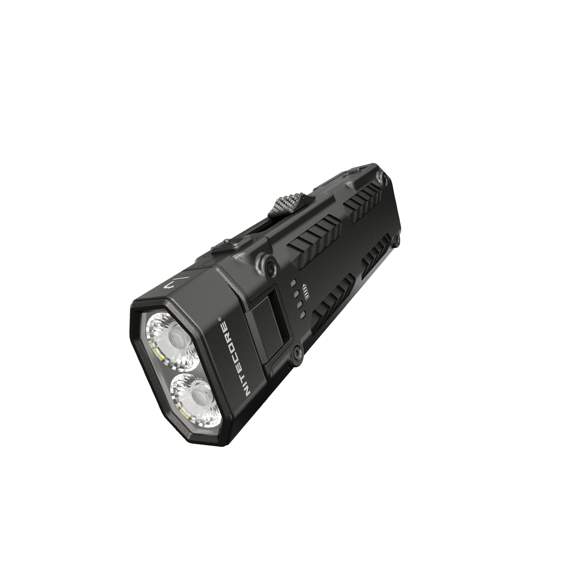 Nitecore EDC09 flashlight angled view showing lenses and pocket clip